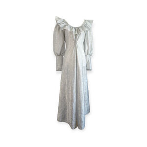 Vintage 70's Metallic Silver Boho Ruffle Collar Maxi Gown